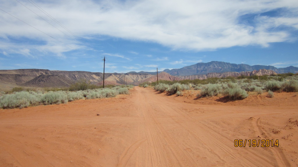 Red Cliffs Desert Reserve » Powerline road at bottom of hill leads to