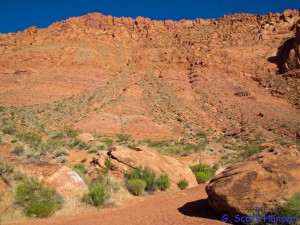 A faint trail breaks off to the left and leads hikers to the access ridge.