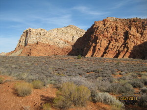 The Sandstone Mountain trail consists of an old jeep road that runs below these two sandstone peaks.